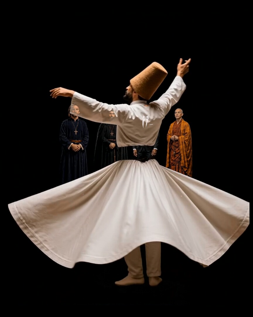 Film frame: a figure in pale robes with other figures behind